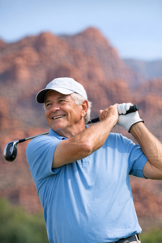 Active adult golfer in a St. George Utah 55+ retirement community with red rock scenery