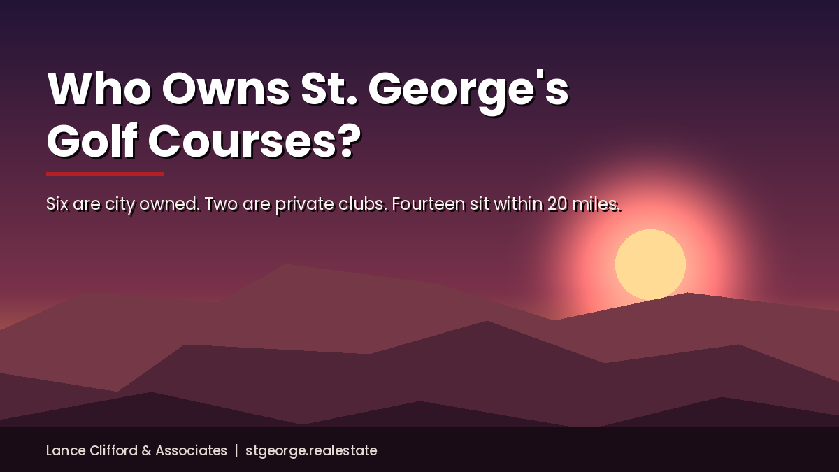 Southern Utah sunset graphic titled Who Owns St. George's Golf Courses