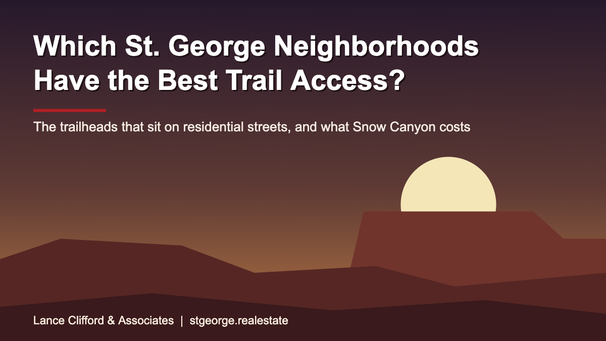 Red rock trail scene with the headline Which St. George Neighborhoods Have the Best Trail Access