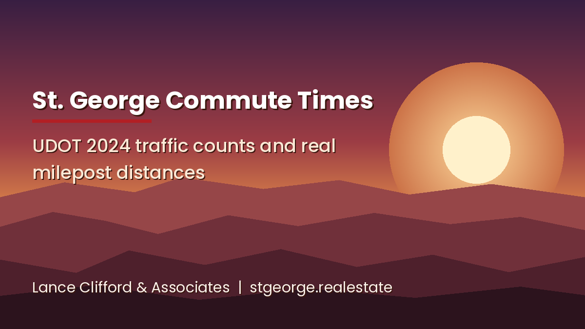Layered red rock mesas at dusk with the title St. George Commute Times, UDOT 2024 traffic counts and real milepost distances