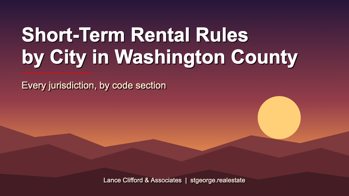 Short-term rental rules by city in Washington County, Utah, over a Southern Utah red rock dusk scene