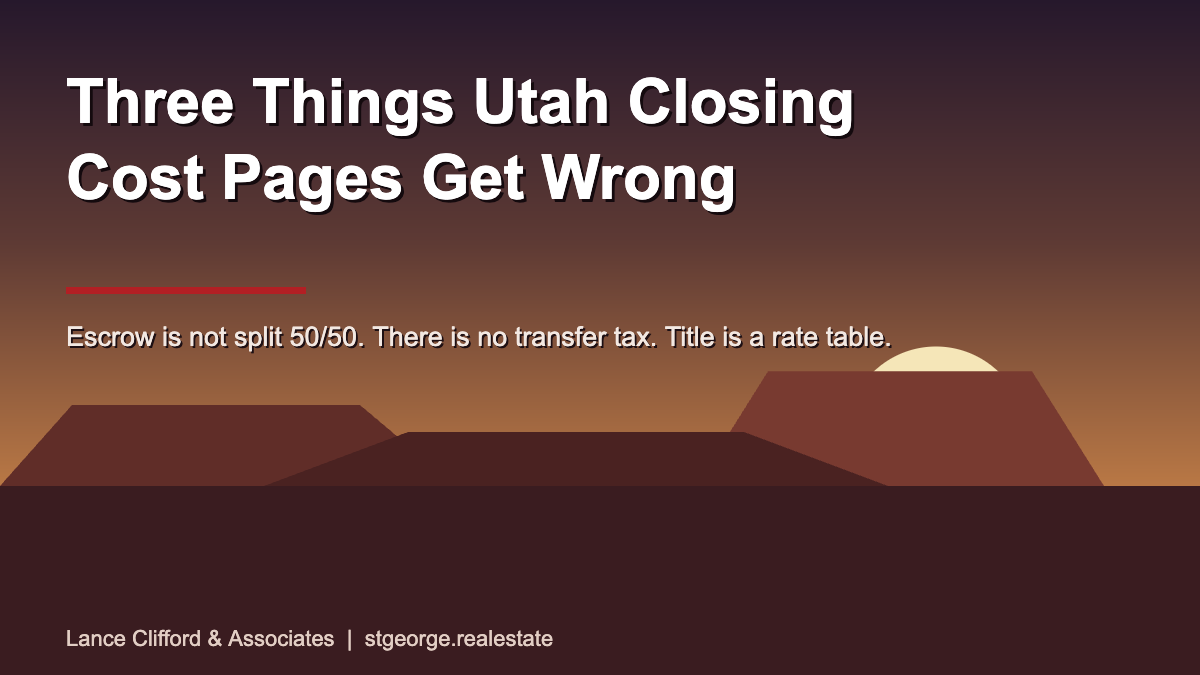 Southern Utah red rock dusk scene with the headline Three Things Utah Closing Cost Pages Get Wrong, covering escrow fees, transfer tax and title insurance rates