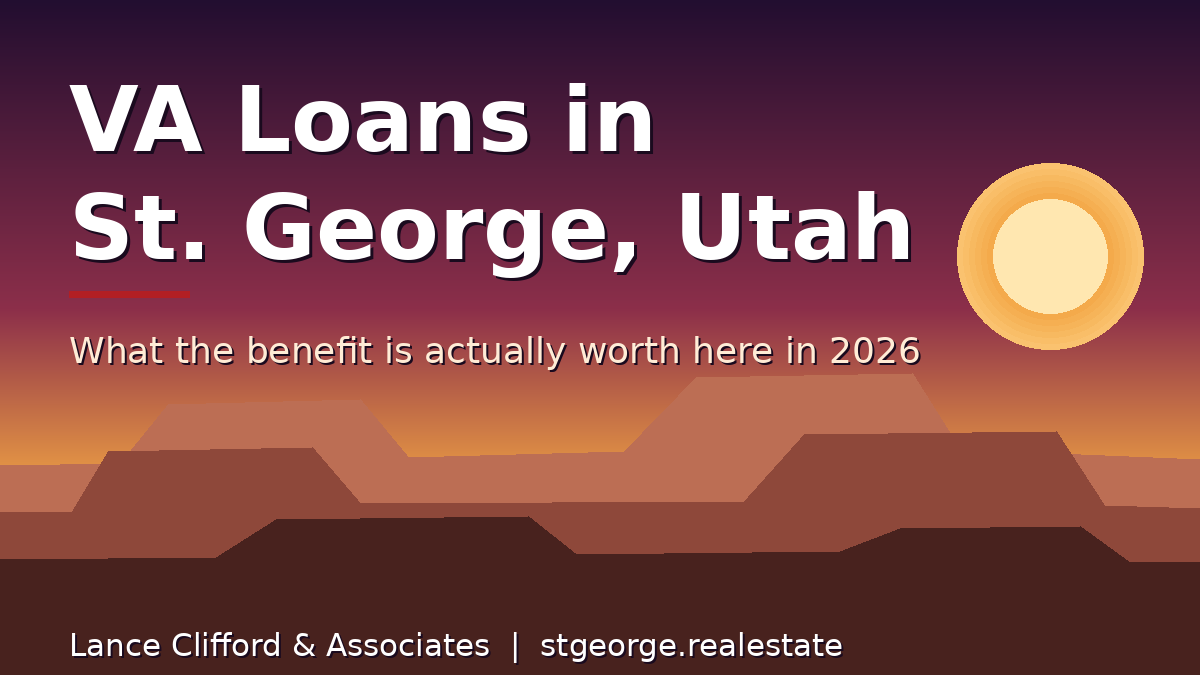 Flat illustration of red rock mesas at dusk with the title VA Loans in St. George, Utah