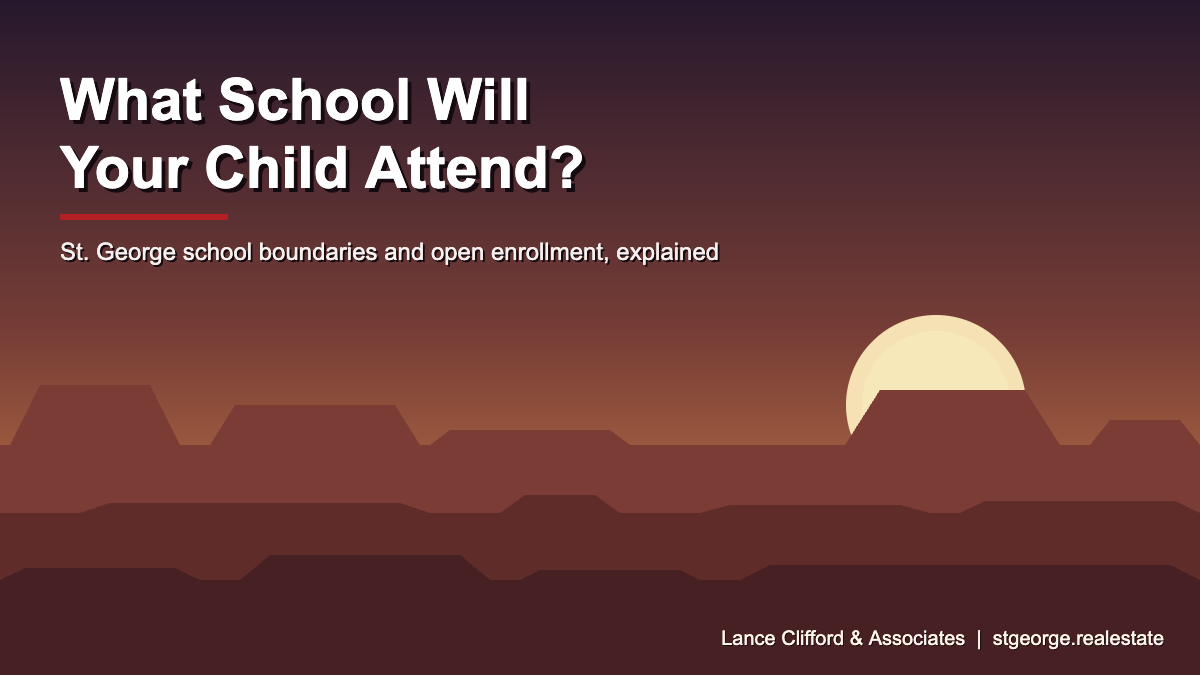 Flat design illustration of St. George Utah red rock mesas at dusk titled What School Will Your Child Attend