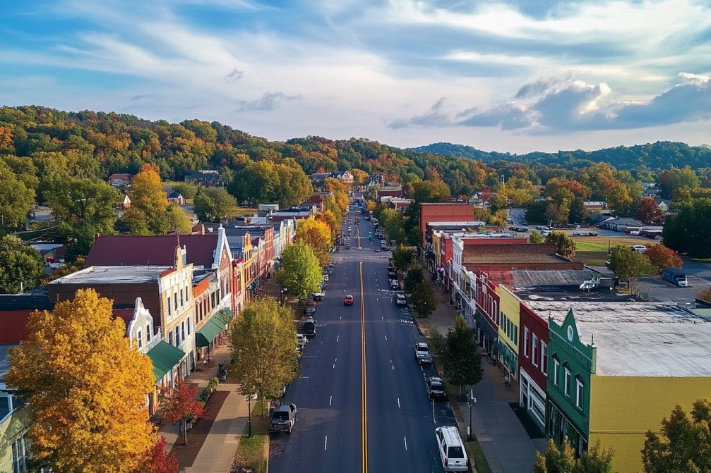 Aerial view of downtown Goodlettsville, Tennessee in fall