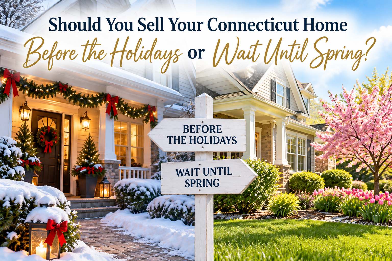 Illustration comparing selling a Connecticut home during the holidays with selling in spring