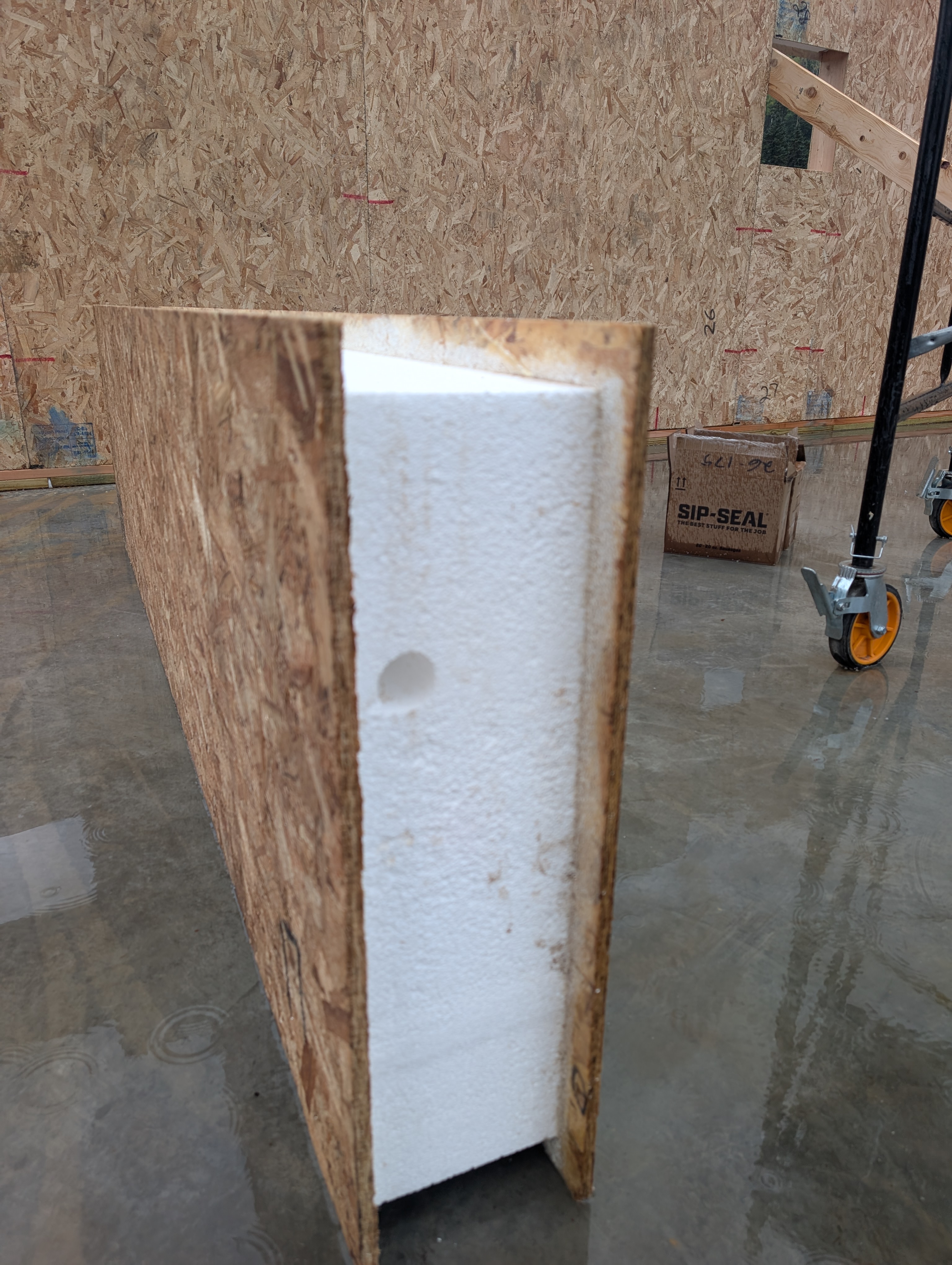 End view of a SIP panel showing a foam core between two OSB skins