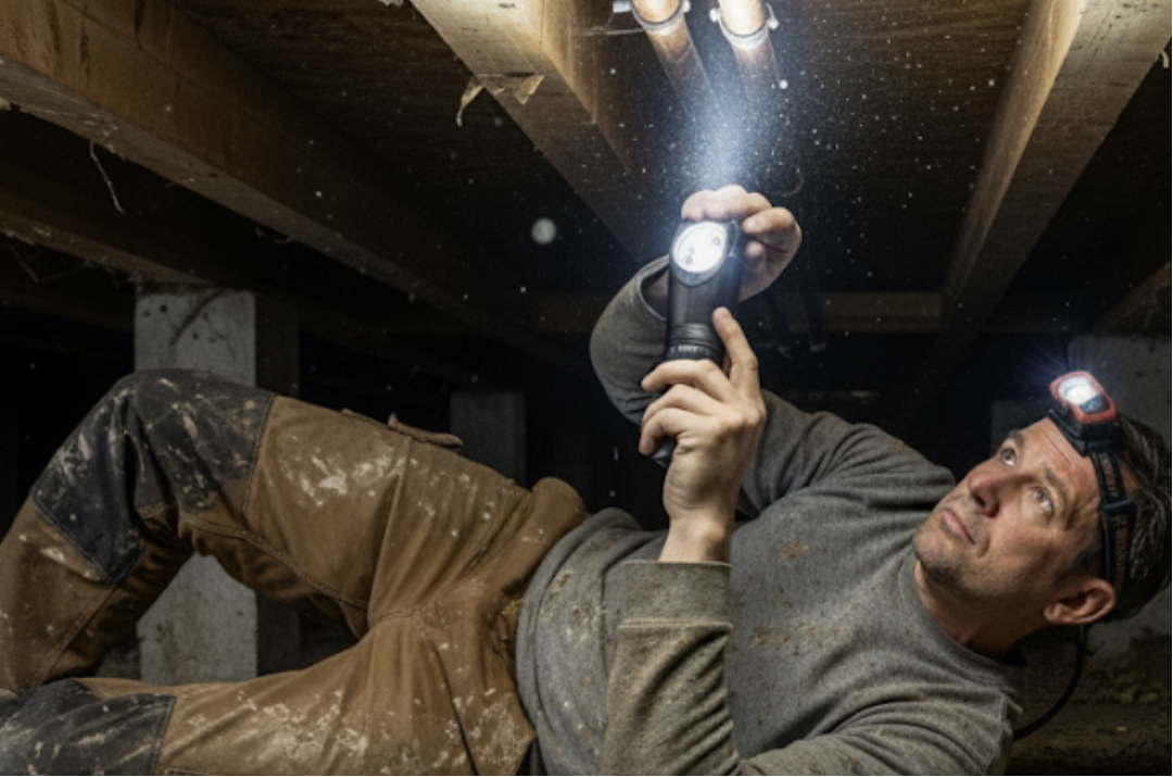 Home Inspector under a house viewing plumbing pipes