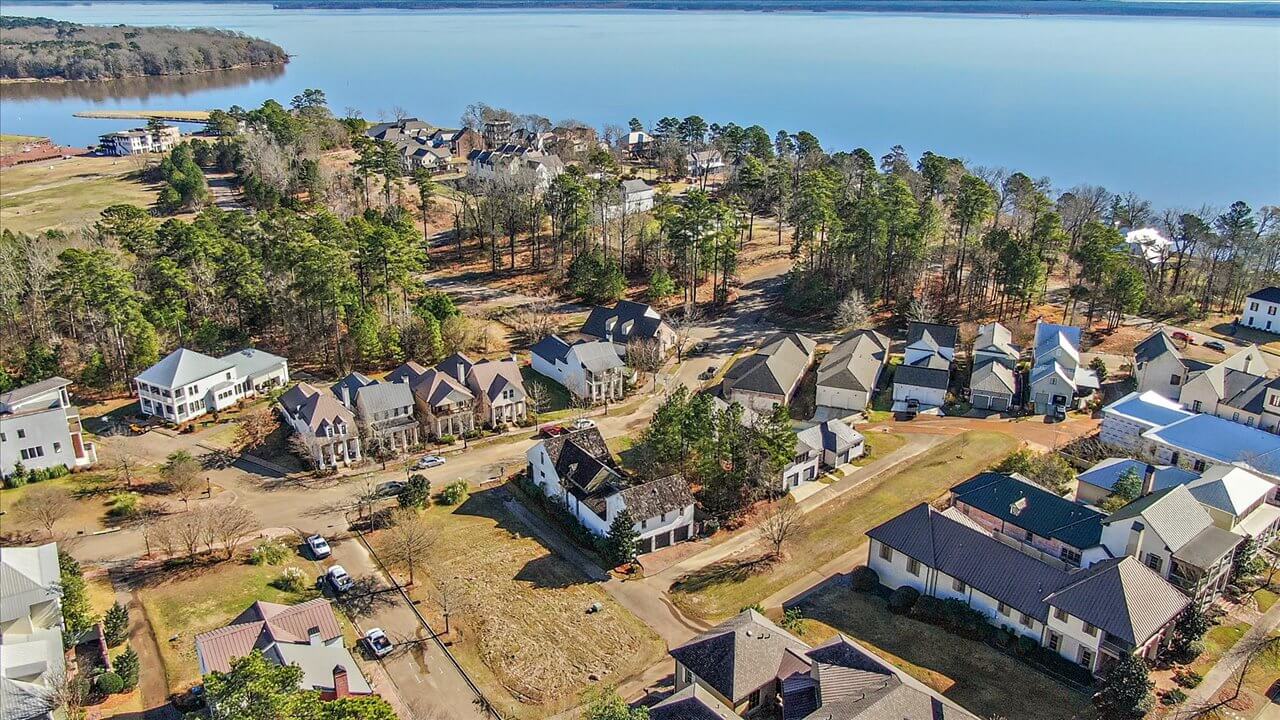 Aerial perspective of Lost Rabbit homes showcasing traditional neighborhood design and waterfront lots