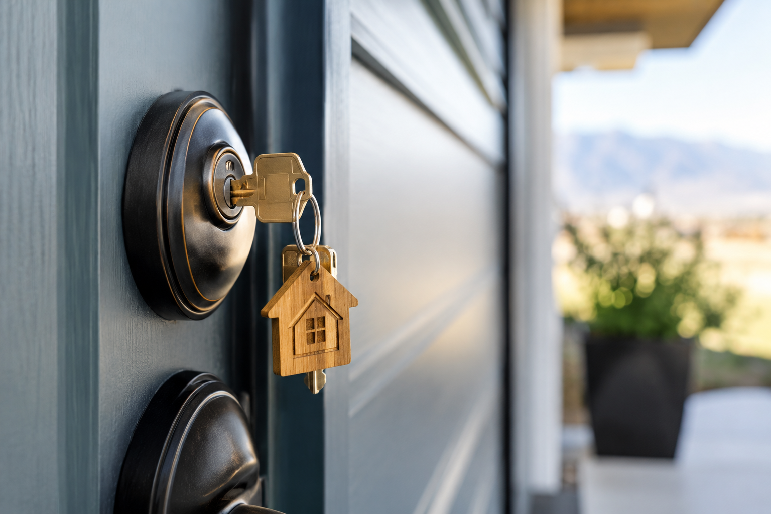 Photorealistic close-up of a brass house key inserted into a front door deadbolt, symbolizing buying a home