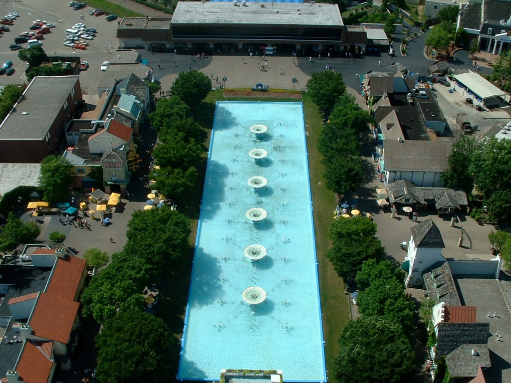 Kings Island fountains and International Street viewed from the Eiffel Tower in Mason, Ohio