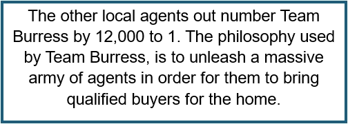 Text Box: The other local agents out number Team Burress by 12,000 to 1. The philosophy used by Team Burress, is to unleash a massive army of agents in order for them to bring qualified buyers for the home.