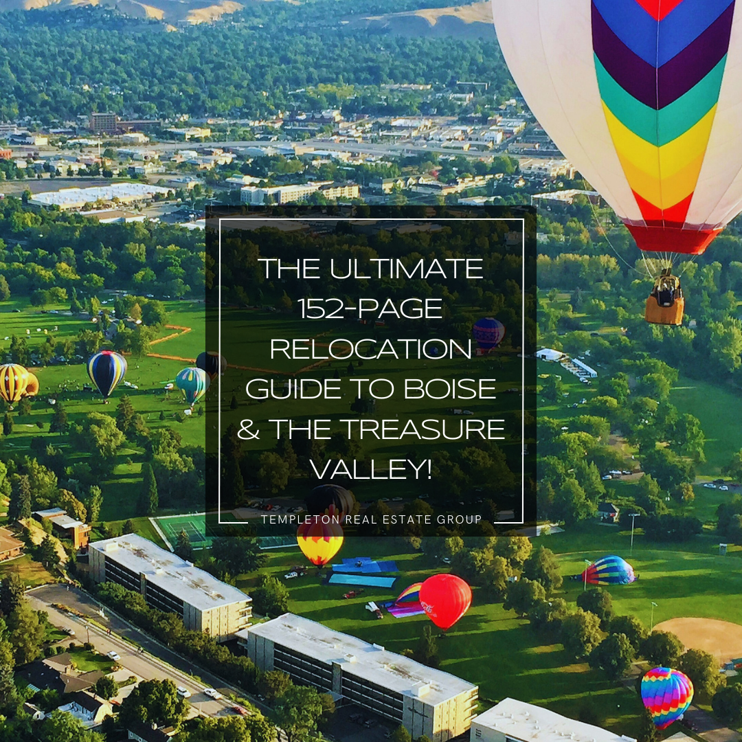 Aerial view of Boise, Idaho with hot air balloons over the Treasure Valley, featured in a Boise relocation guide.