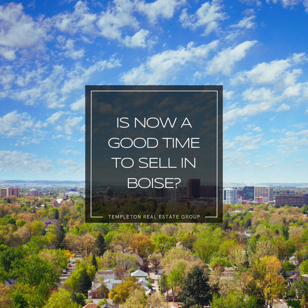 Aerial view of Boise Idaho neighborhoods and downtown skyline with spring trees and text overlay about selling a home in Boise.