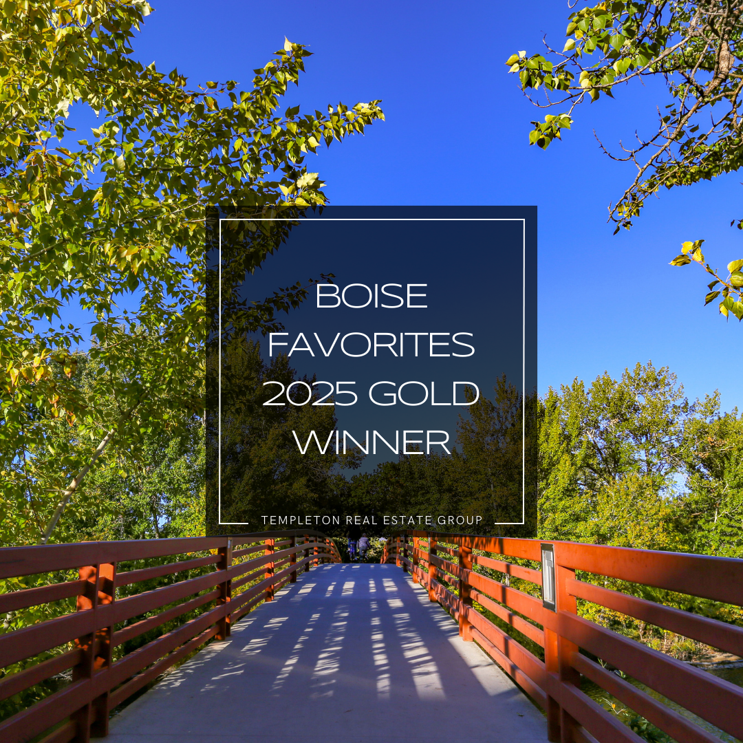 Templeton Real Estate Group Boise Favorites 2025 award graphic over Boise pedestrian bridge