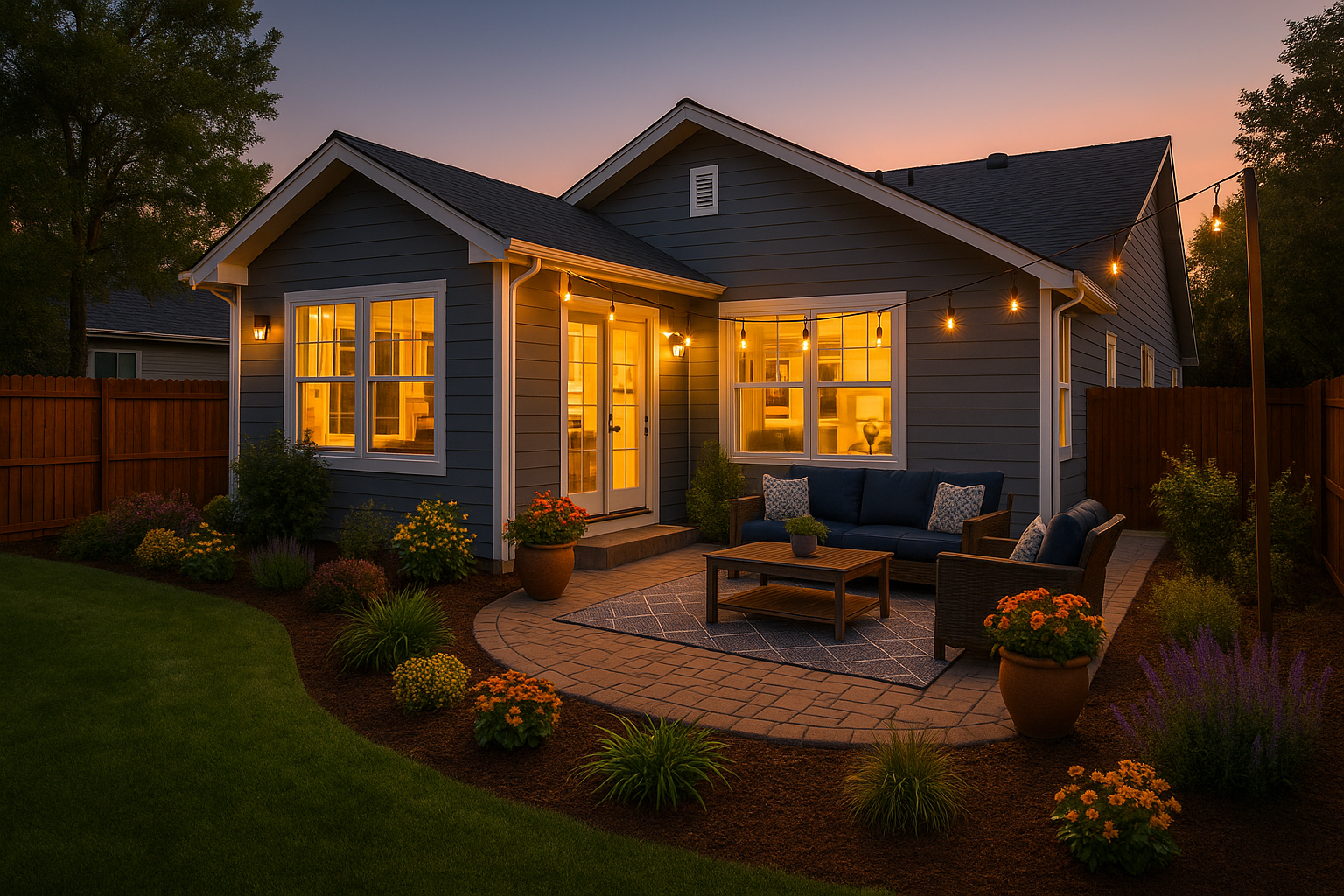 Boise home exterior with fresh paint, native landscaping, and staged outdoor patio with string lights