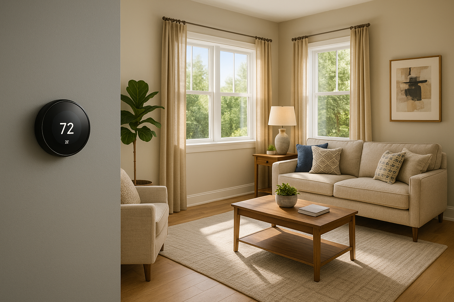 Boise home living room with energy-efficient windows, smart thermostat, and LED lighting