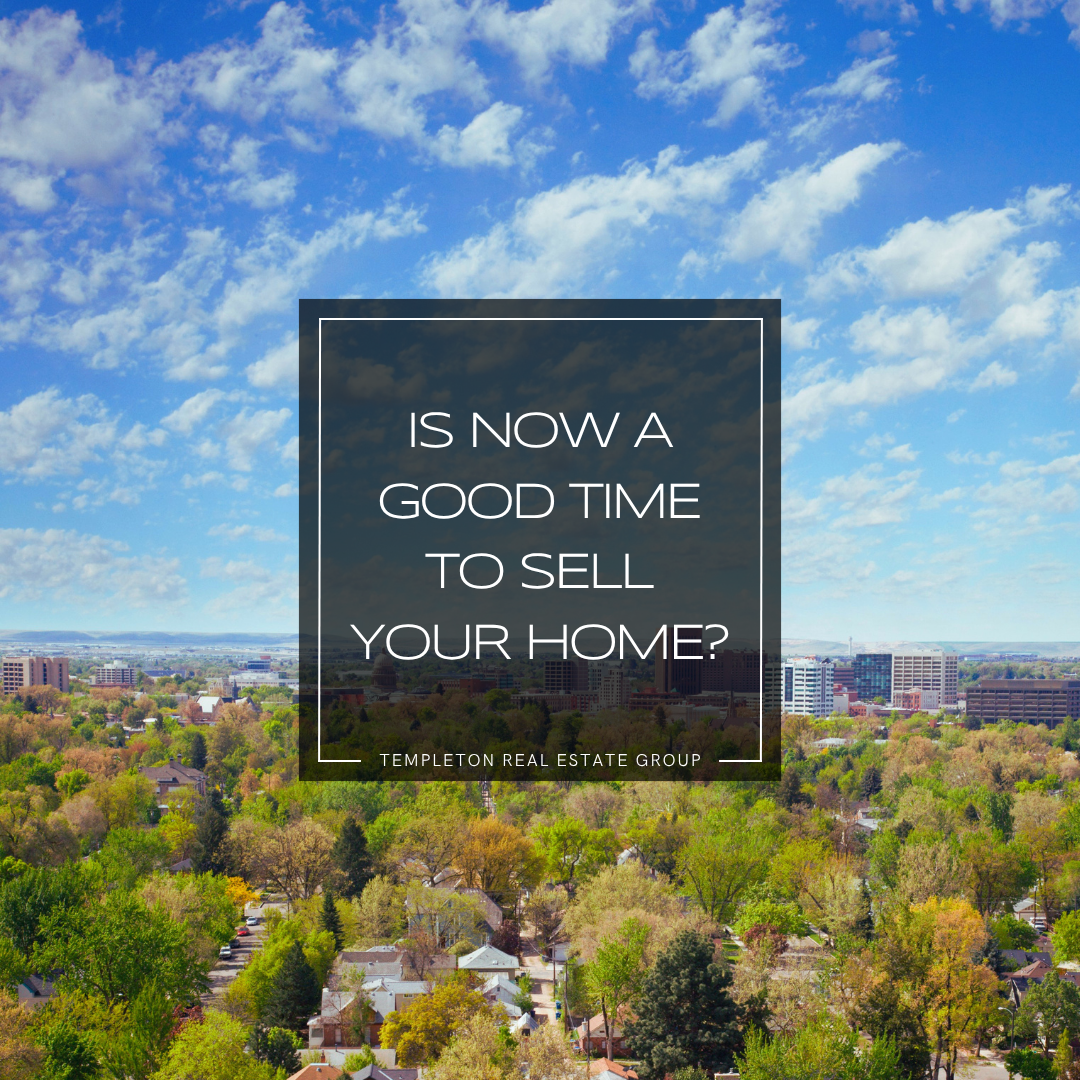 Aerial view of Boise Idaho neighborhoods and downtown skyline with spring trees and text overlay about selling a home in Boise.