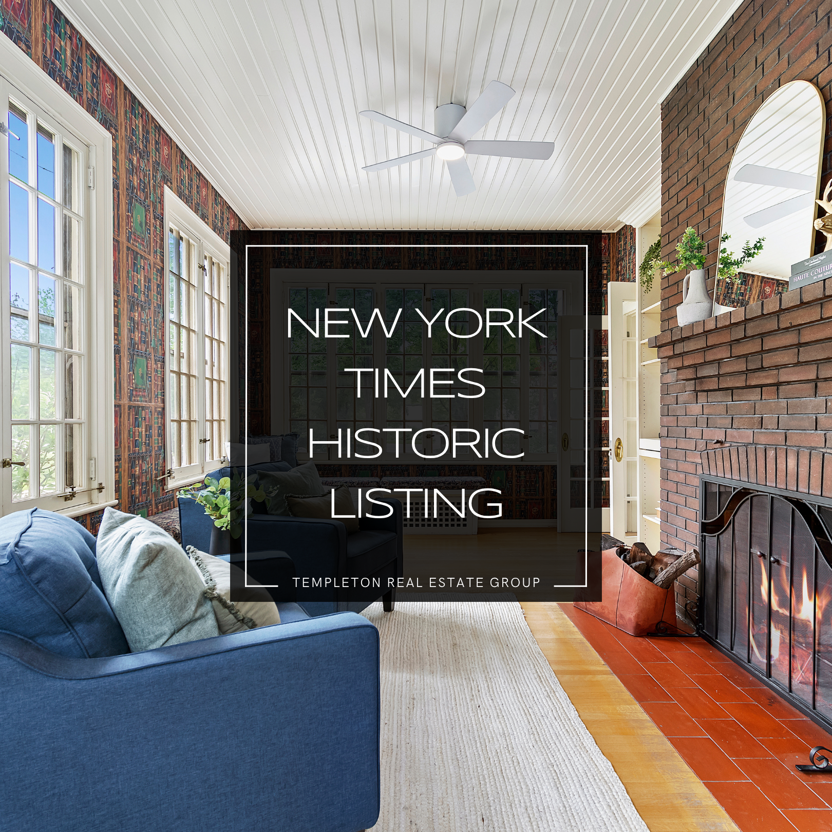 This inviting interior showcases a beautifully preserved historic Boise home, highlighted in a New York Times feature. The space includes a charming brick fireplace, vintage patterned wallpaper, white plank ceiling, and natural light streaming through French doors. Modern comfort meets timeless elegance, representing a standout listing by Templeton Real Estate Group.
