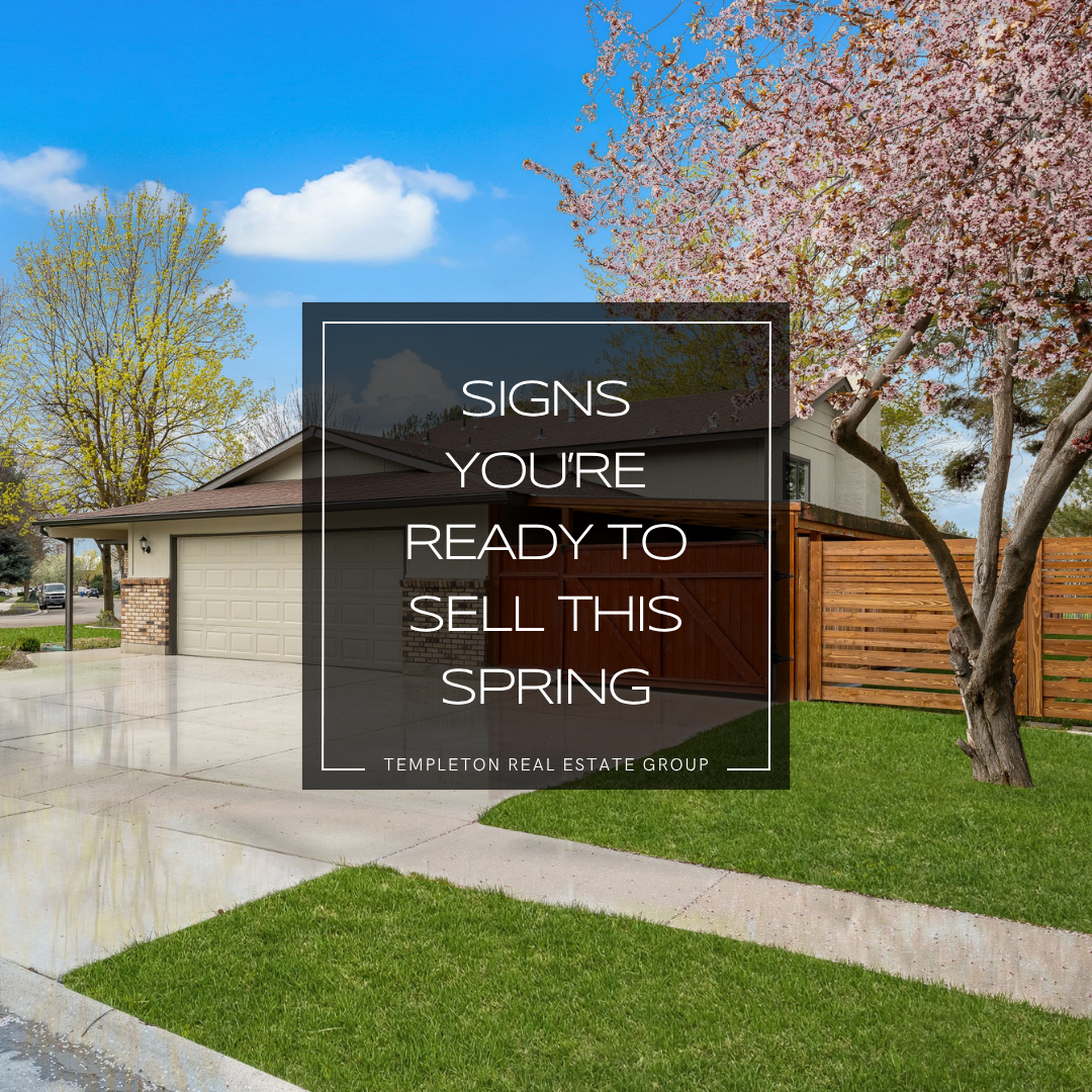 Spring exterior of home with blooming tree, green lawn, and blog text about signs you’re ready to sell your home this spring.