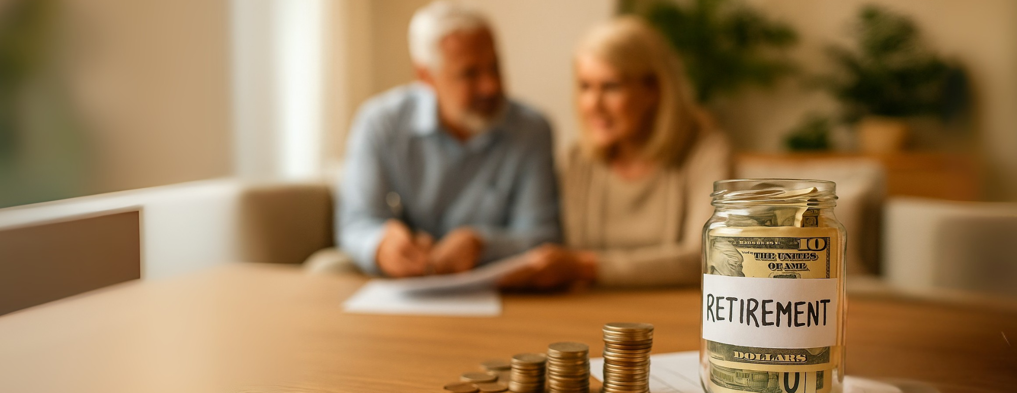 Retired couple working on finances with retirement savings jar