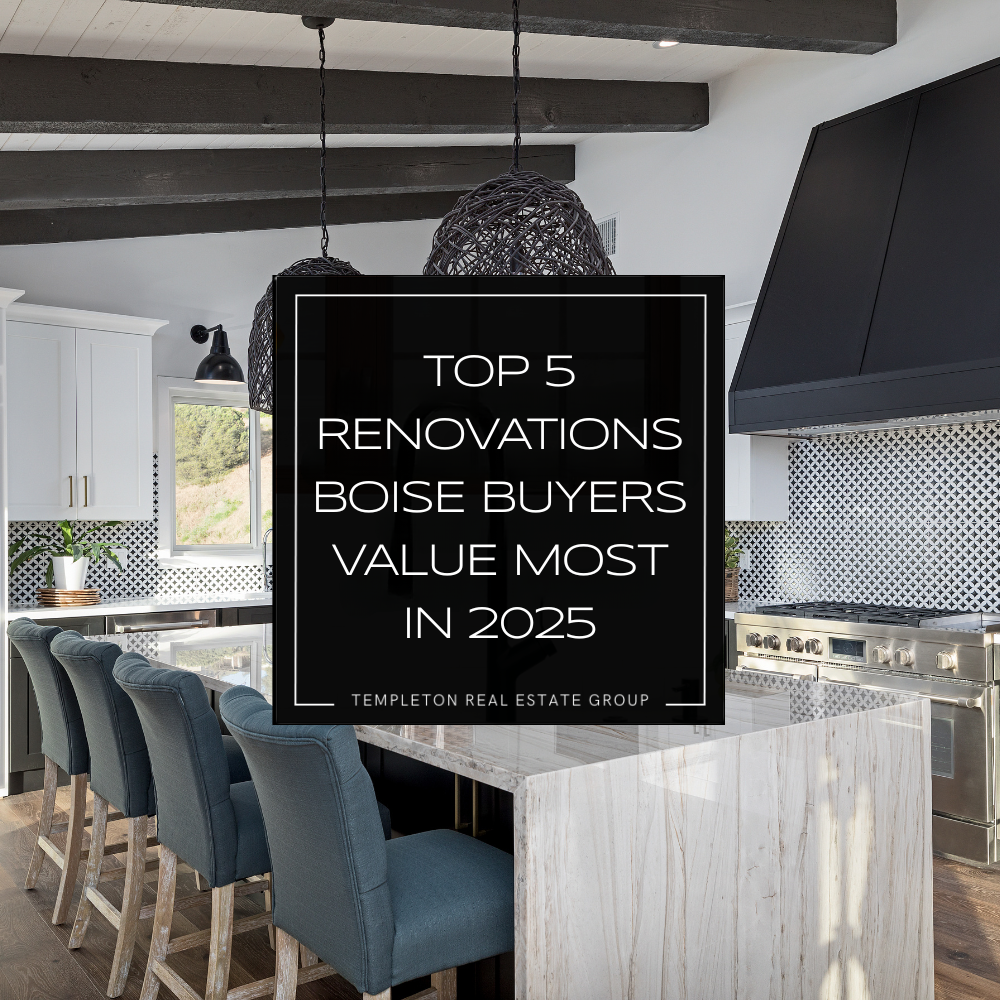 Cover image for blog on the top 5 renovations Boise buyers value most in 2025, featuring a staged modern Boise kitchen with marble island and pendant lights