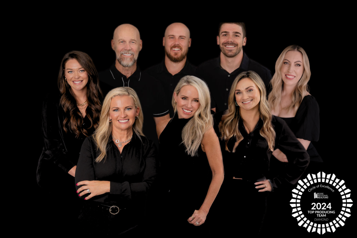 Templeton Real Estate Group team photo, featuring all agents dressed in black on a black background. The image showcases our dedicated team members: Dawn and Mark Templeton, Jake and MaKenna Templeton, DeAnna Mundy, Erika Galindo, Molly McIntosh, Sam Butterfield, and Kevin Hanschke. At the bottom right corner, the 2024 Diamond Award Top Producer logo is displayed in white, highlighting our achievement in the Boise real estate market.
