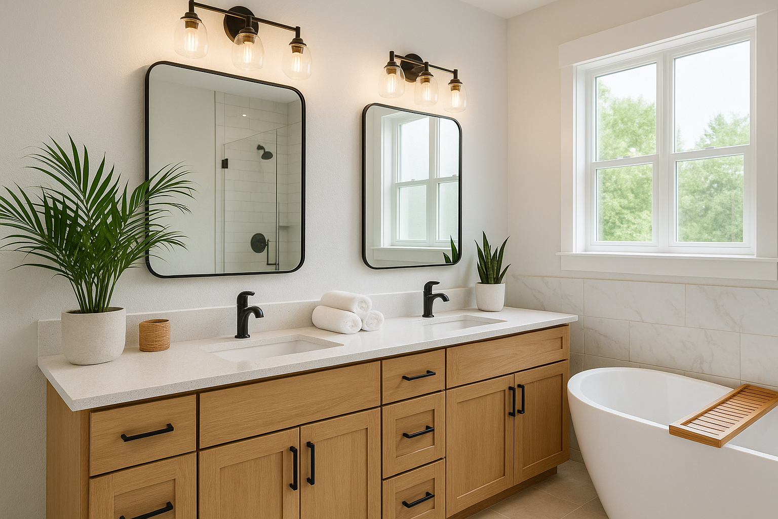 Updated Boise bathroom remodel with double vanity, quartz countertop, and modern fixtures