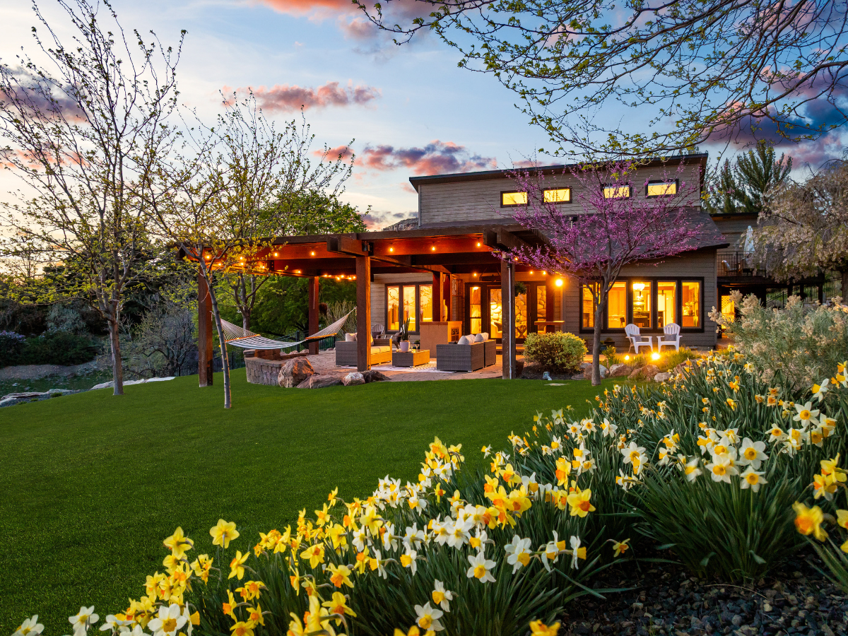 Residential backyard with outdoor living space and landscaping at a Boise-area home.