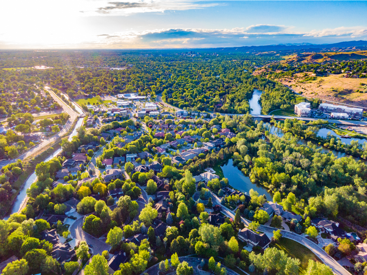Aerial view of Boise Idaho neighborhoods and the Boise River