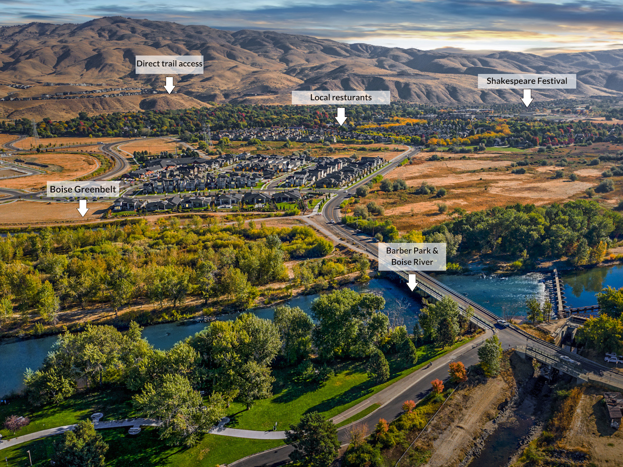 Aerial view of Harris Ranch in Boise’s Barber Valley showing the Boise River, Greenbelt, foothill trails, local restaurants and nearby attractions.