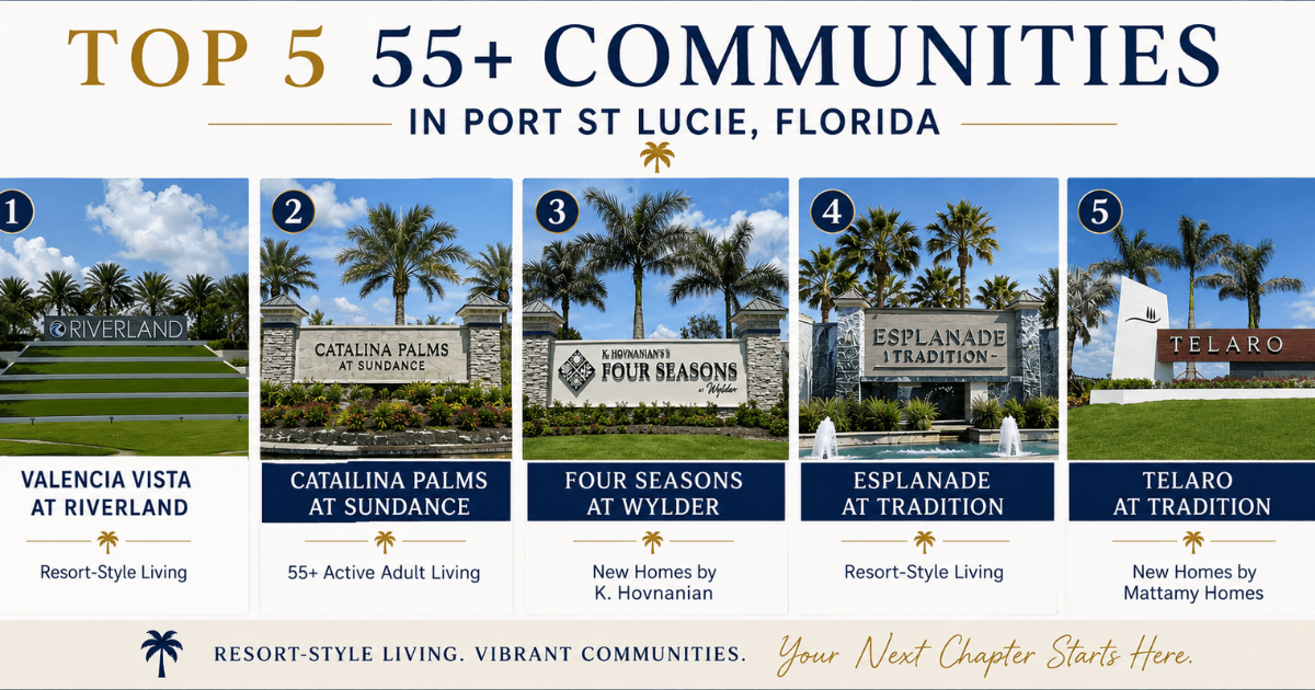 Top 5 55+ communities in Port St. Lucie, Florida: Valencia Vista at Riverland, Catalina Palms at Sundance, Four Seasons at Wylder, Esplanade at Tradition, and Telaro at Tradition