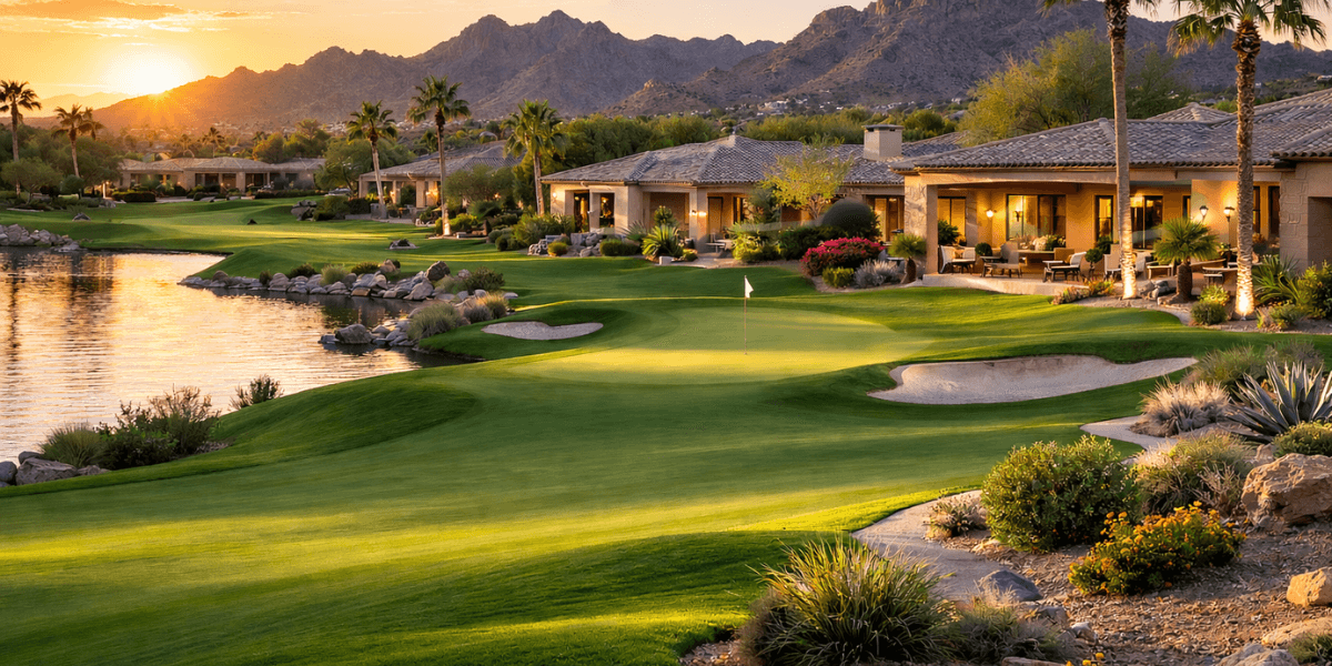 Scottsdale 55+ community homes along a desert golf course at sunset