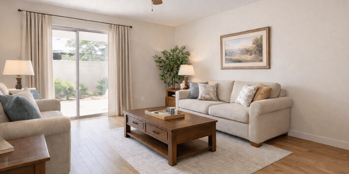 interior of a living room with wood floors and couches