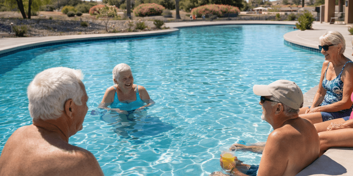residents in the pool laughing and being social in one of the 55+ communities in arizona 