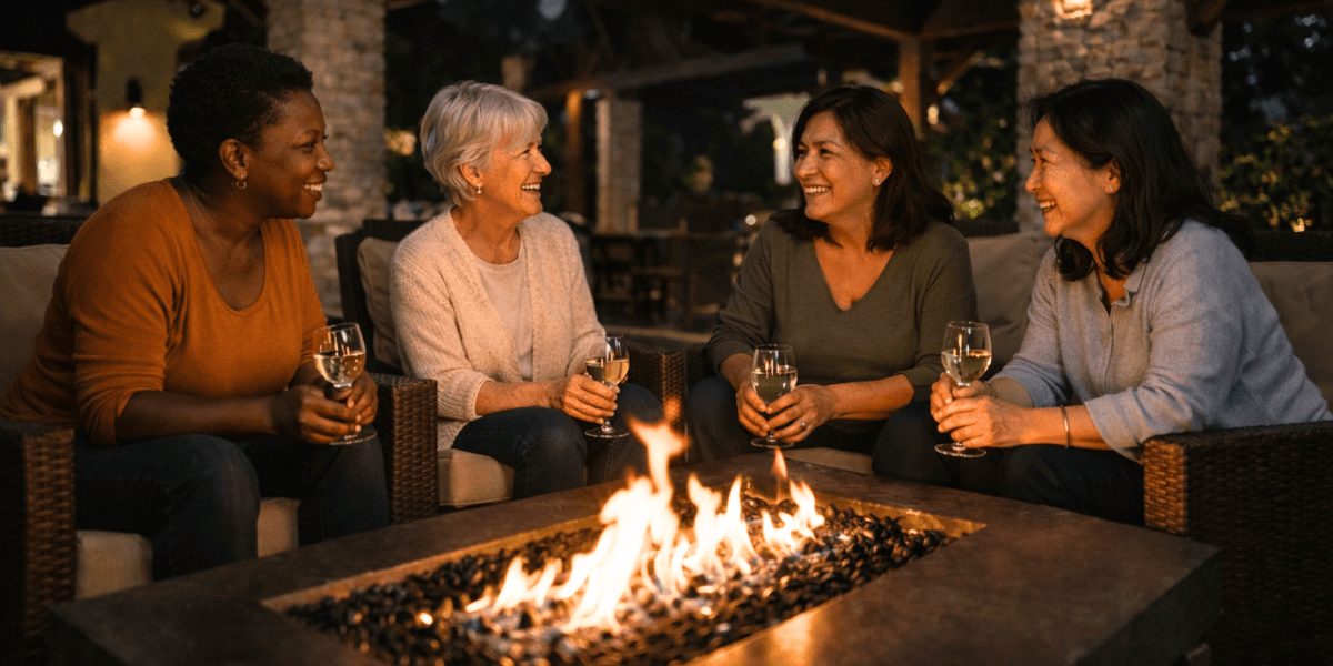 friends sitting around a fire at a gilbert 55+ community