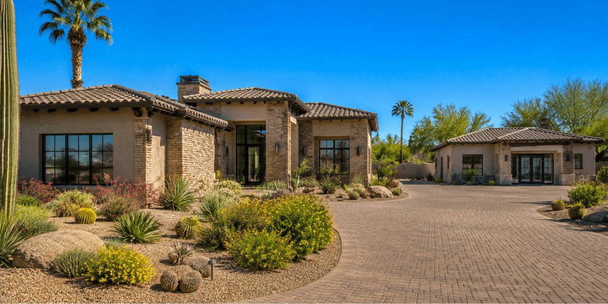 scottsdale home with a guest house surrounded by desert landscape