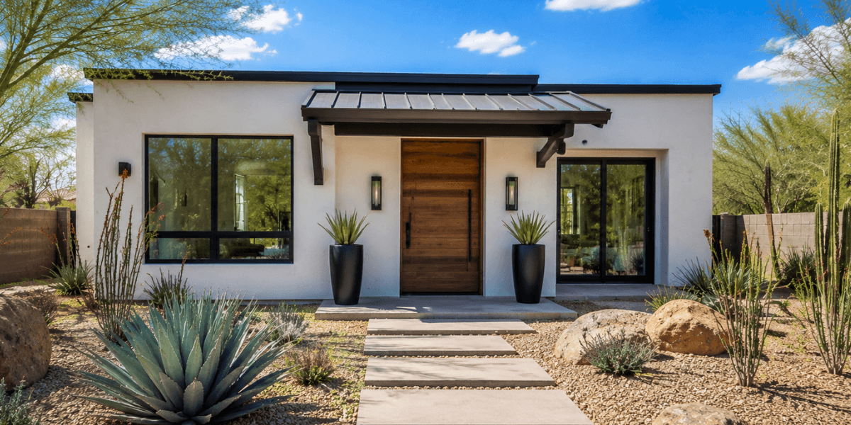 white scottsdale casita guest house with desert landscaping