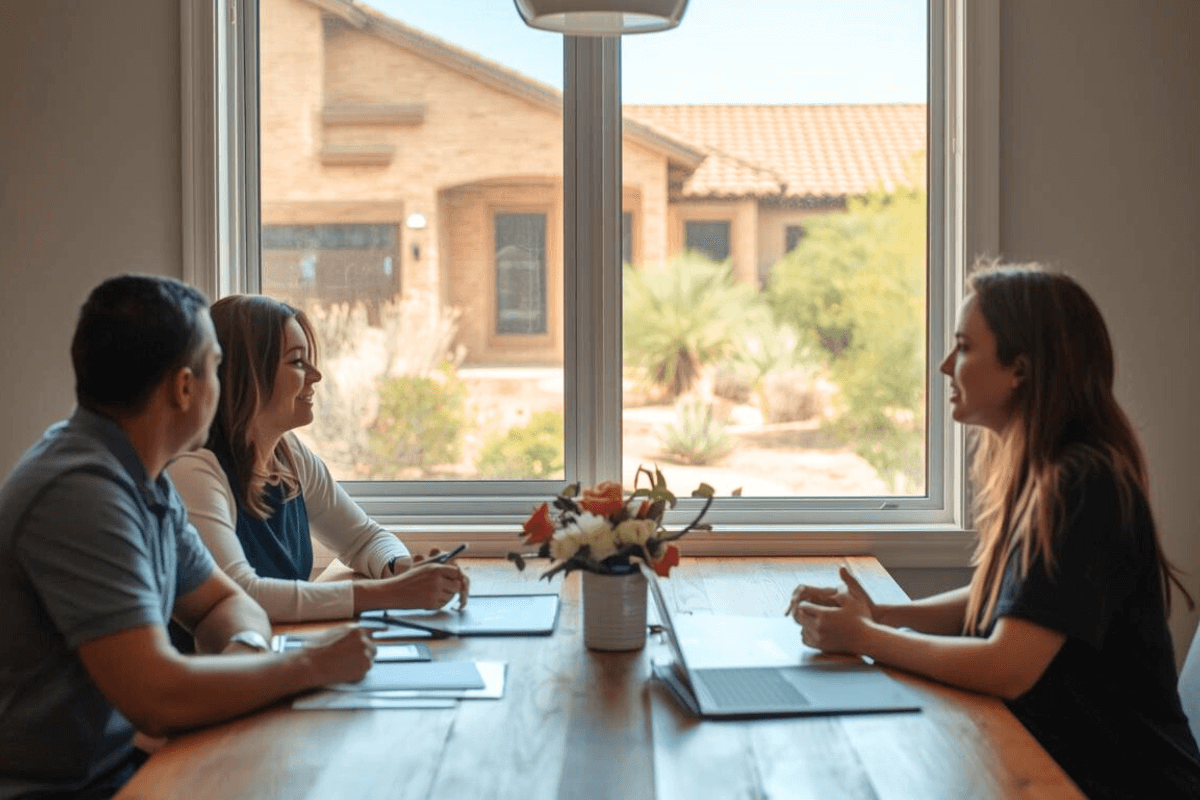 A family meeting with a real estate professional at a table with an Arizona home visible through the window, representing support for families navigating probate without a will.