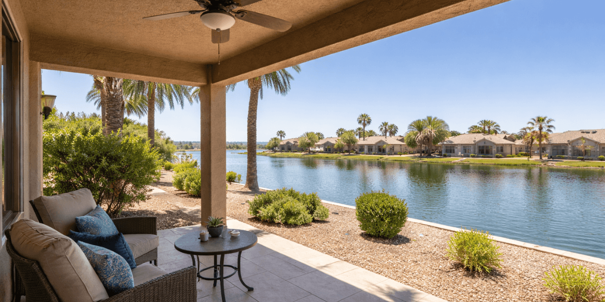 a back patio facing a lake in a chandler 55+ community