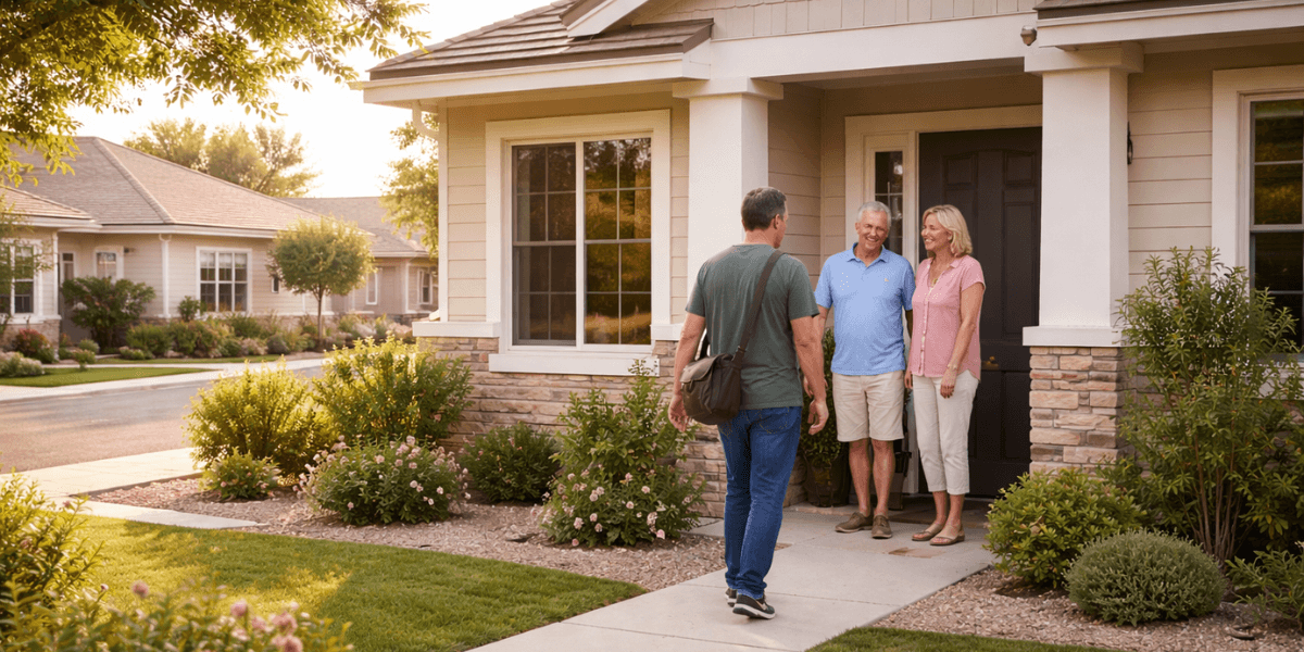 a couple standing in front of their home welcoming a vistor