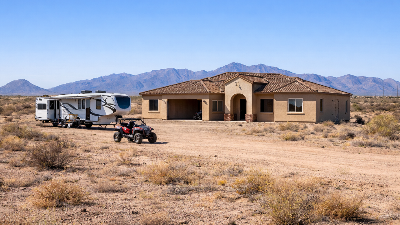 Custom home on a large Arizona desert lot with an RV and ATV parked on the property.