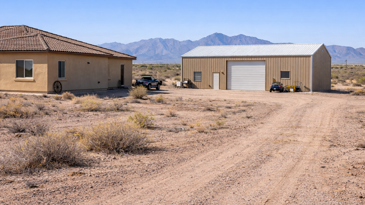 Arizona desert home on a large lot with a detached metal workshop beside the house.