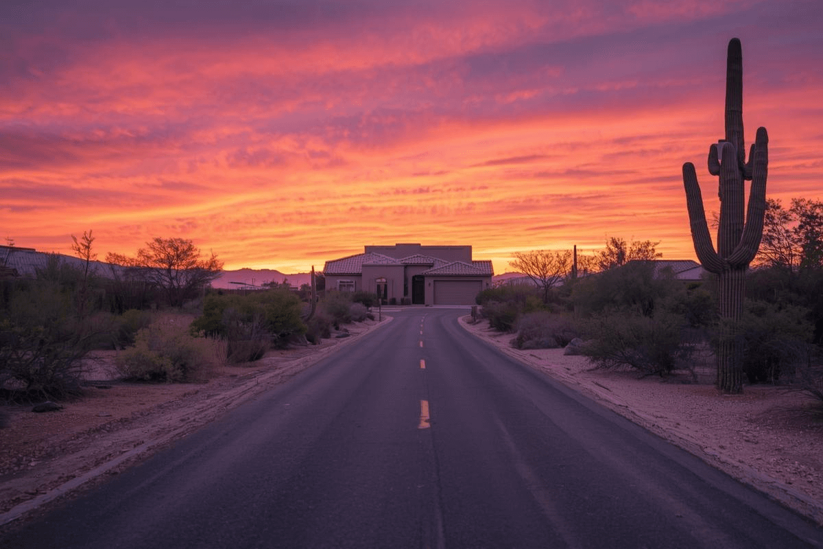 A desert road at sunset leading to an Arizona home, symbolizing progress through the probate process.