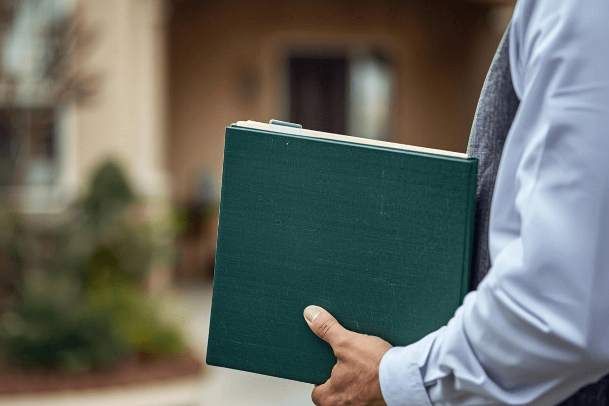 A person holding a single estate file while standing outside an Arizona home, symbolizing the court giving authority to a personal representative when no will exists.