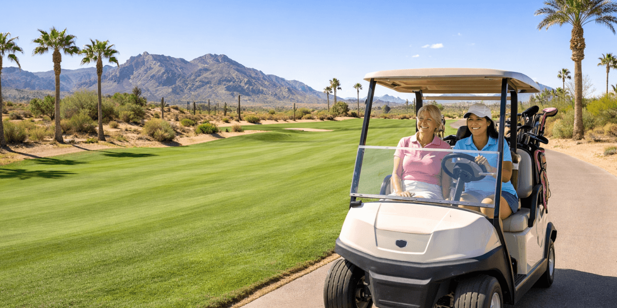 two happy women riding in a golf cart at an arizona 55+ community