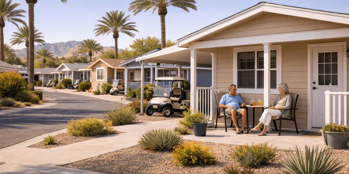 a couple on the porch of a manufactured home in an arizona 55+ community