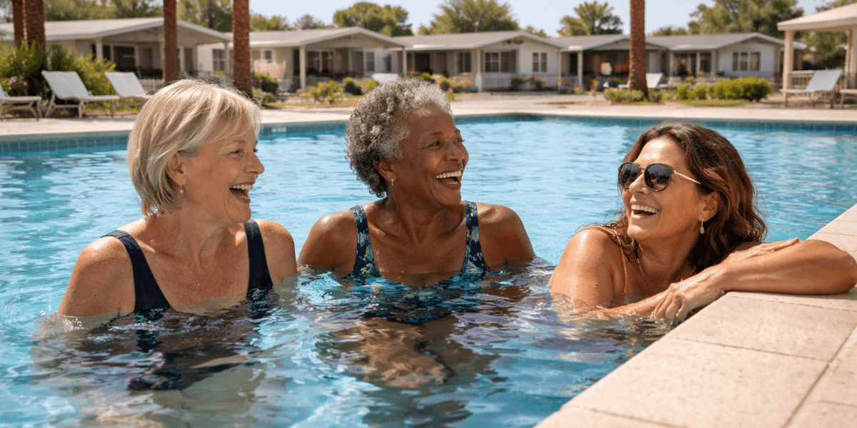 a group of three women in the pool laughing at an arizona 55+ community