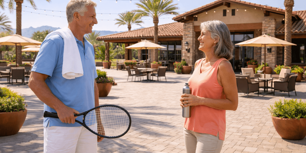 Two residents visiting outside of a clubhouse at an arizona active adult community