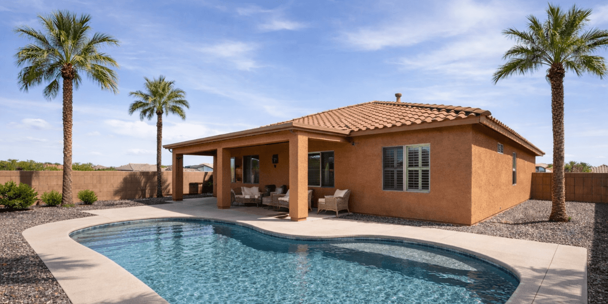 terracota single level home with a covered patio. pool, and palm trees at a 55+ community solera chandler
